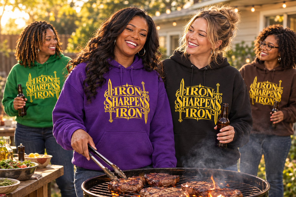 Black and White women wearing Iron Sharpens Iron hoodies while grilling steaks together