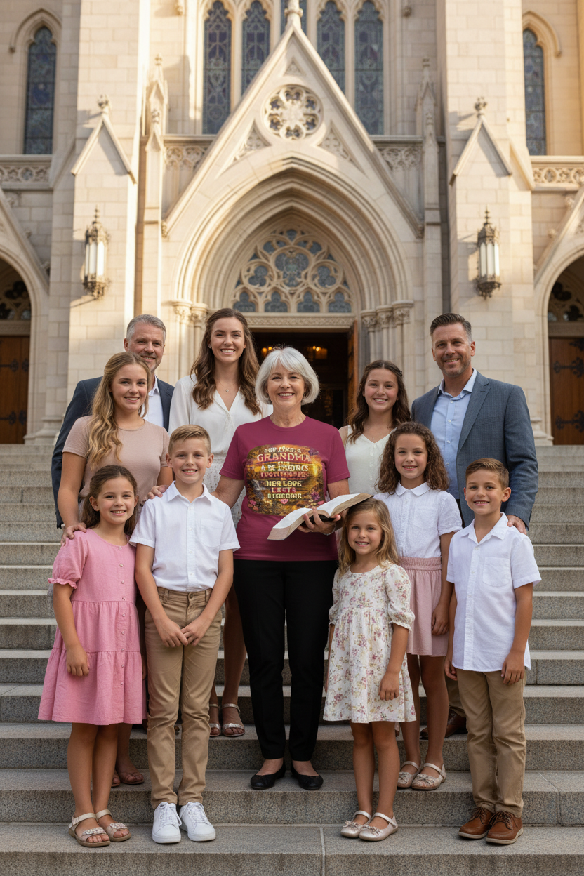 Grandmother wearing maroon faith grandma t-shirt on church steps with multi-generational family