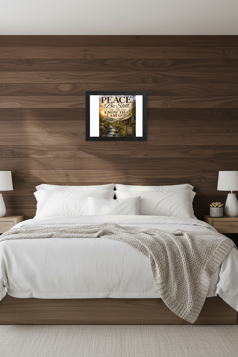 Peace Be Still framed art on dark walnut wall above linen bed in modern farmhouse bedroom