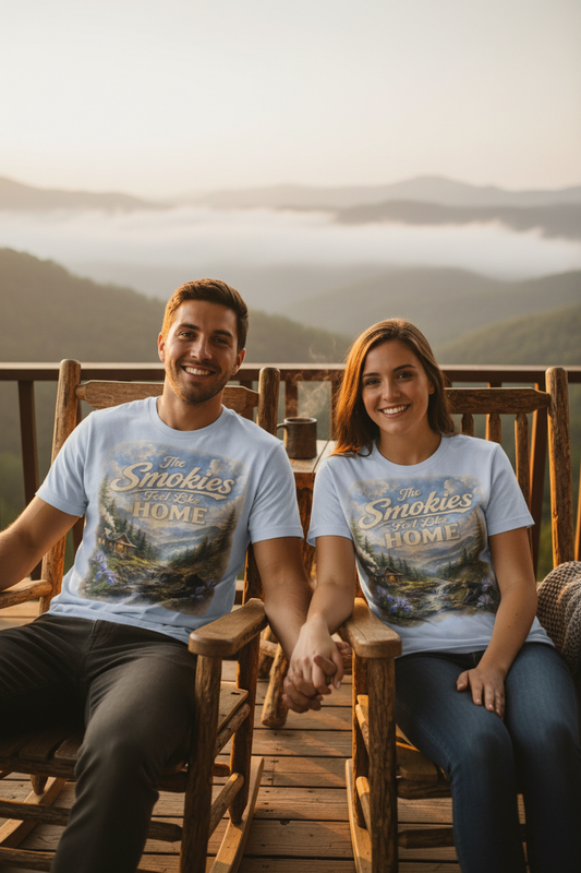 Couple wearing The Smokies Feel Like Home t-shirts on a log cabin porch