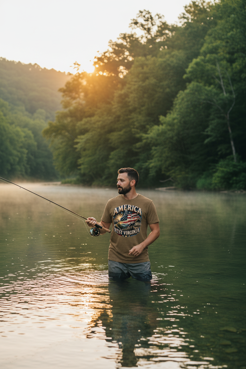 Man fly fishing Greenbrier River West Virginia wearing America 1776-2026 olive brown patriotic t-shirt