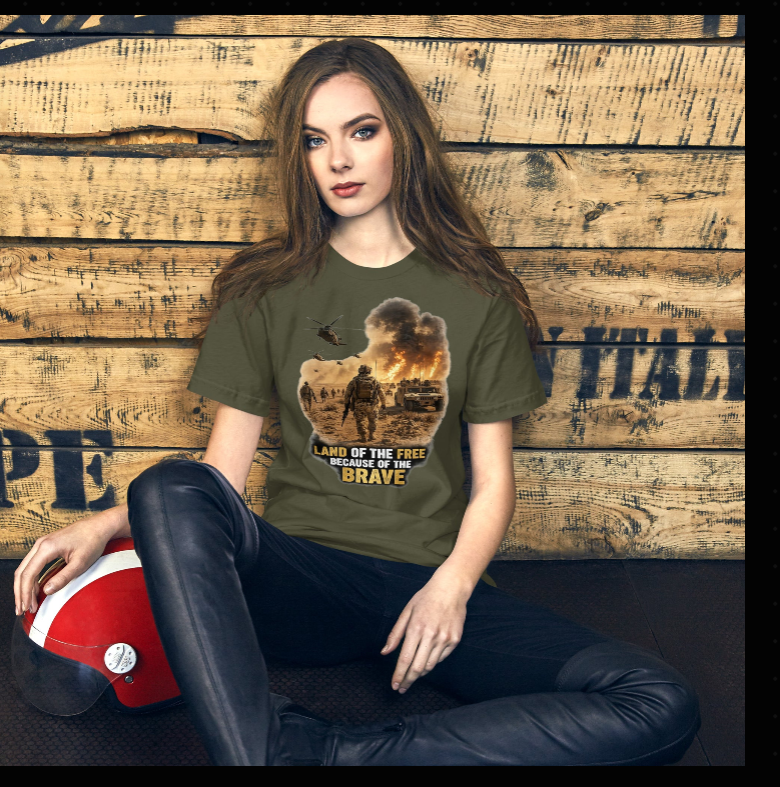 LAND OF THE FREE BECAUSE OF THE BRAVE— Combat Soldier Faith T-Shirt | Military Tribute Tee