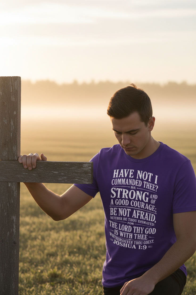 Joshua 1:9 Purple Tee - Cross at Sunrise