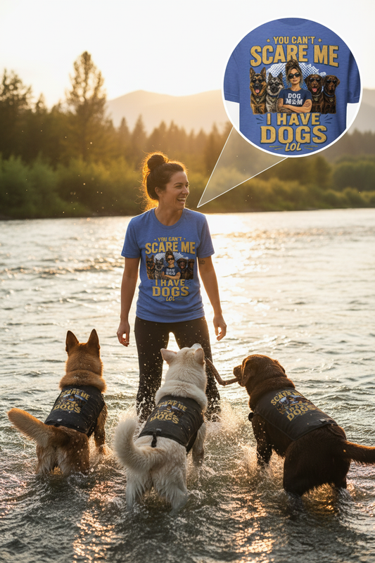 Joyful dog mom in blue Dog Mom t-shirt watching her dogs fetch a stick from a sparkling lake