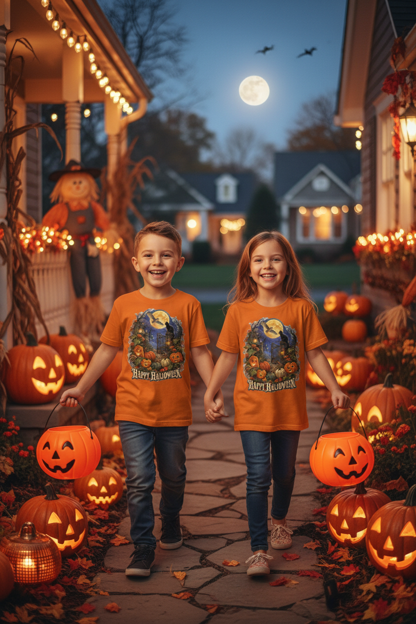 Kids Trick-or-Treating with Happy Halloween Shirt Design on Chest