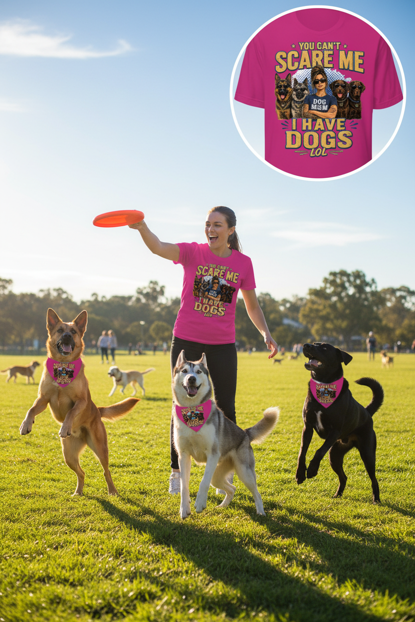 Laughing dog mom in pink Dog Mom t-shirt throwing a frisbee with her dogs at a sunny dog park