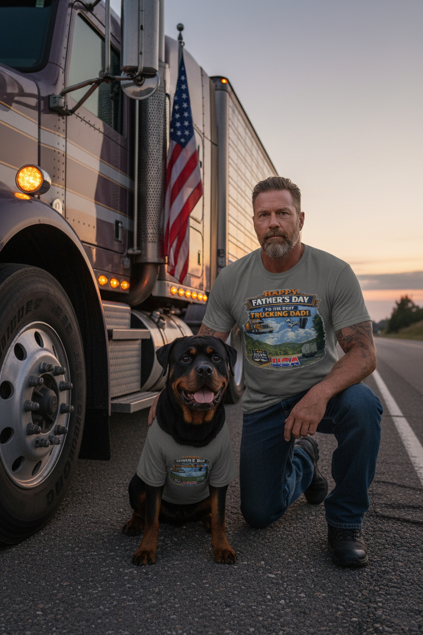 Lifestyle Mockup 6 - Charcoal Trucker with Rottweiler at Dusk