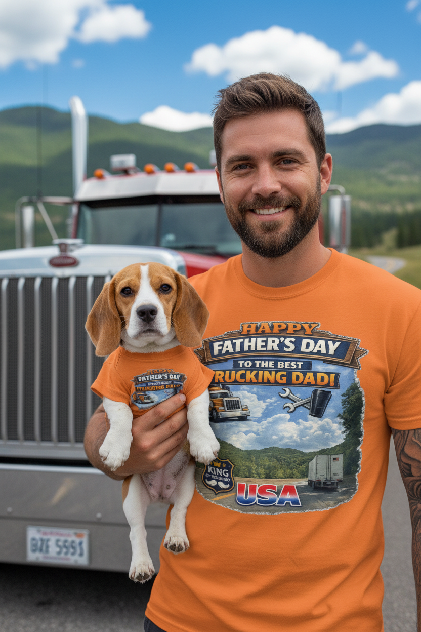 Lifestyle Mockup 7 - Orange Shirt Trucker Holding Beagle