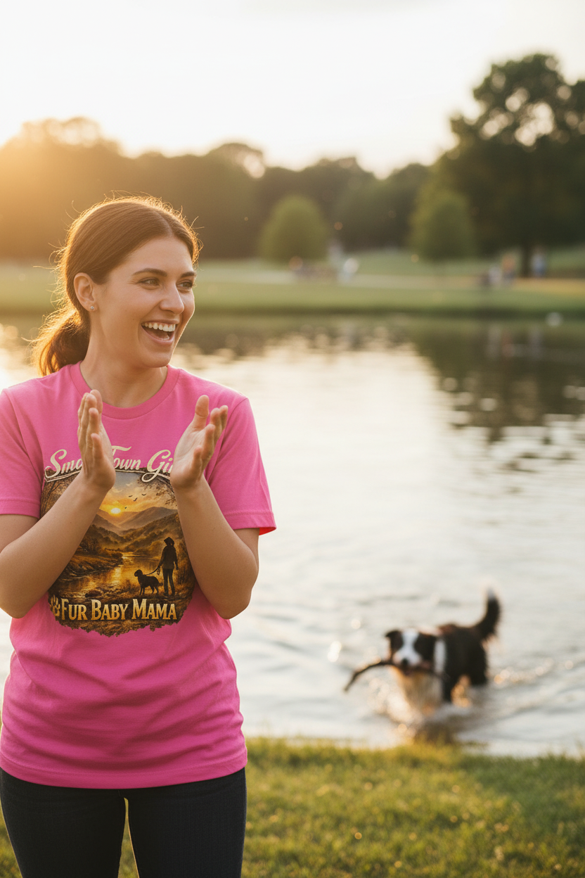 Lifestyle - Mom cheering as border collie swims back with stick