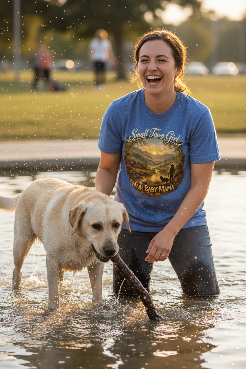 Lifestyle - Mom kneeling, wet Lab dropping stick at her feet