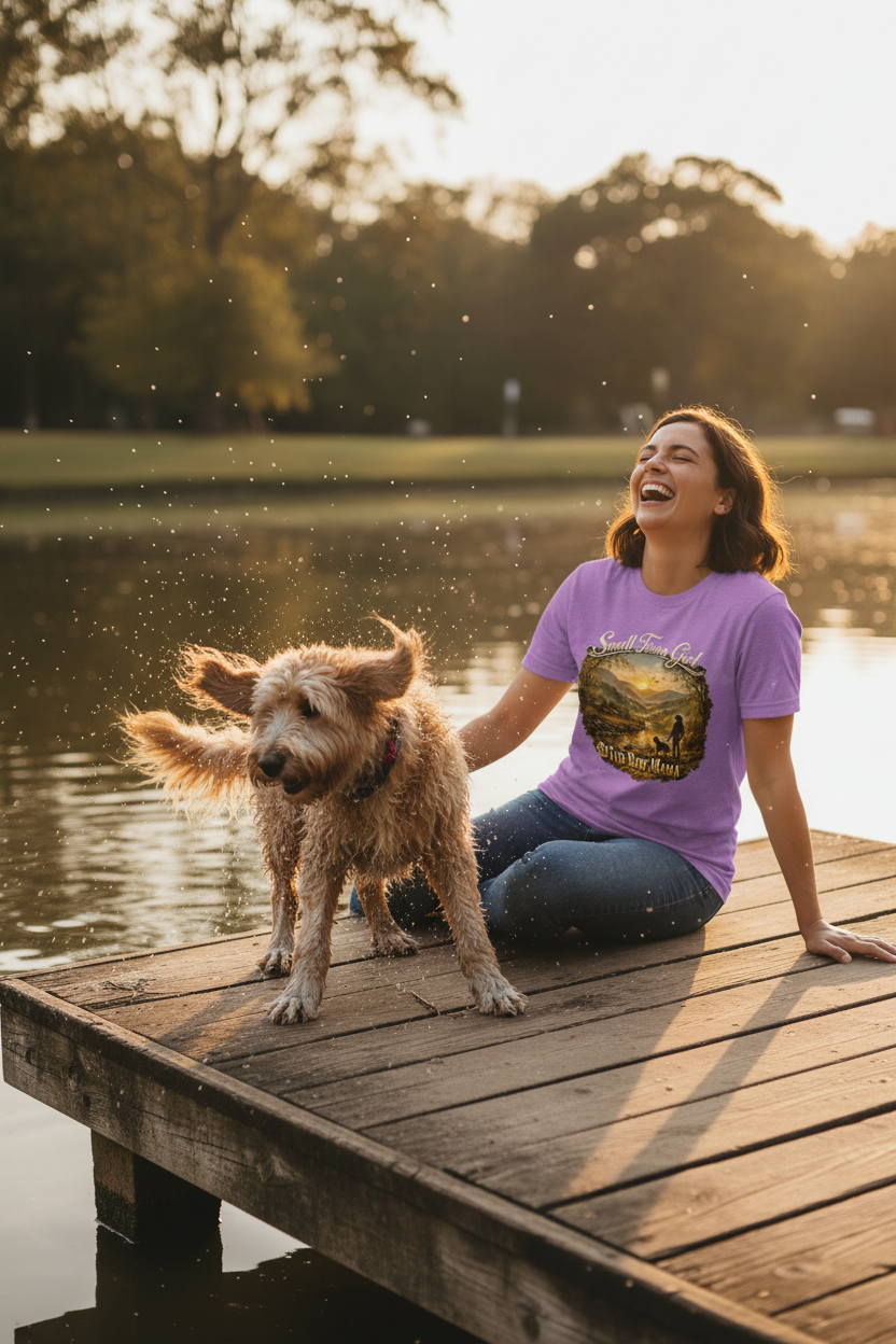 Lifestyle - Mom on dock laughing as golden doodle shakes off water