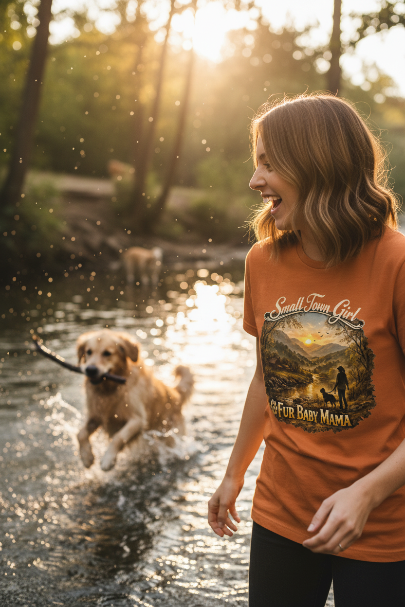 Lifestyle - Mom throwing stick, golden retriever leaping into creek