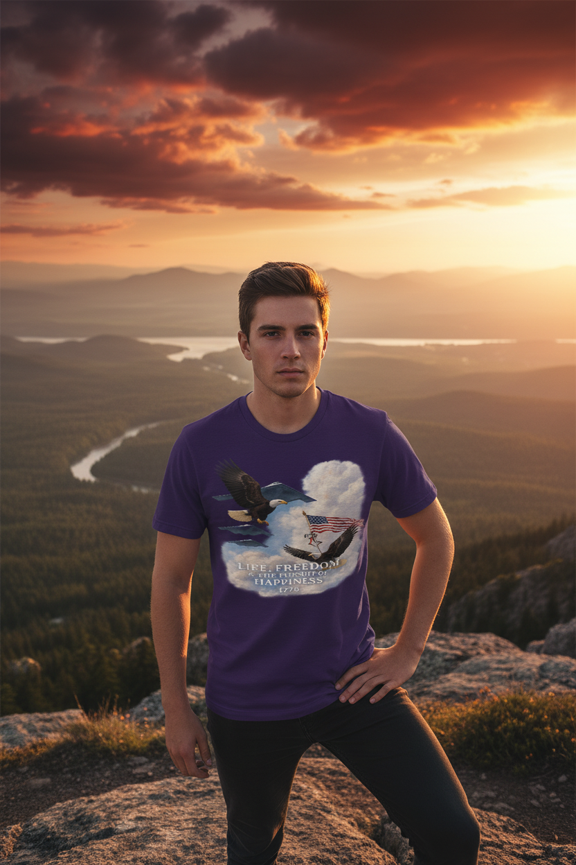 Man in purple tee on mountain overlook
