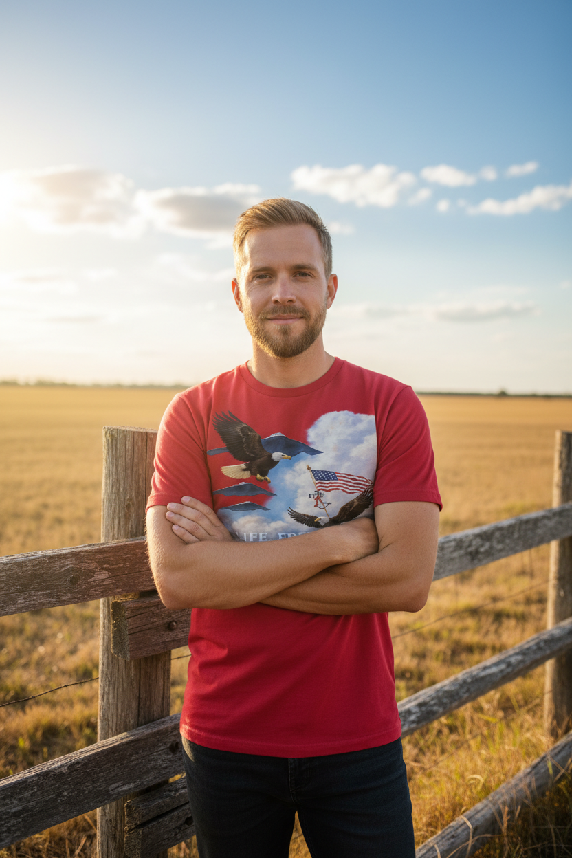 Man in red tee at rustic fence