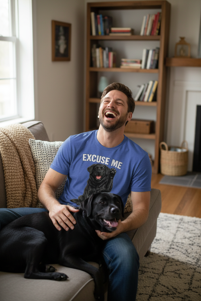 Man on couch with black lab, royal blue tee