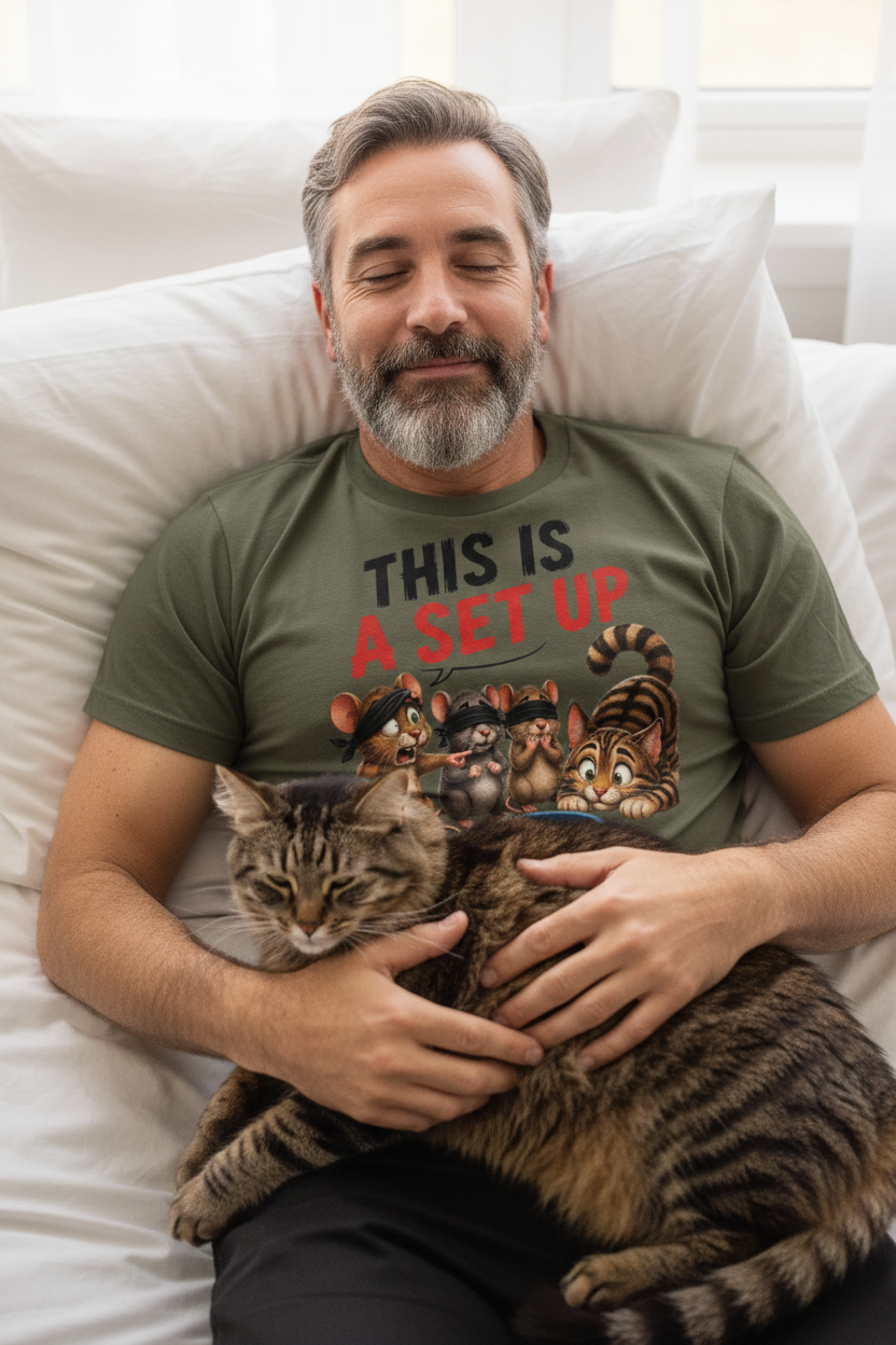 Man relaxing with cat on chest