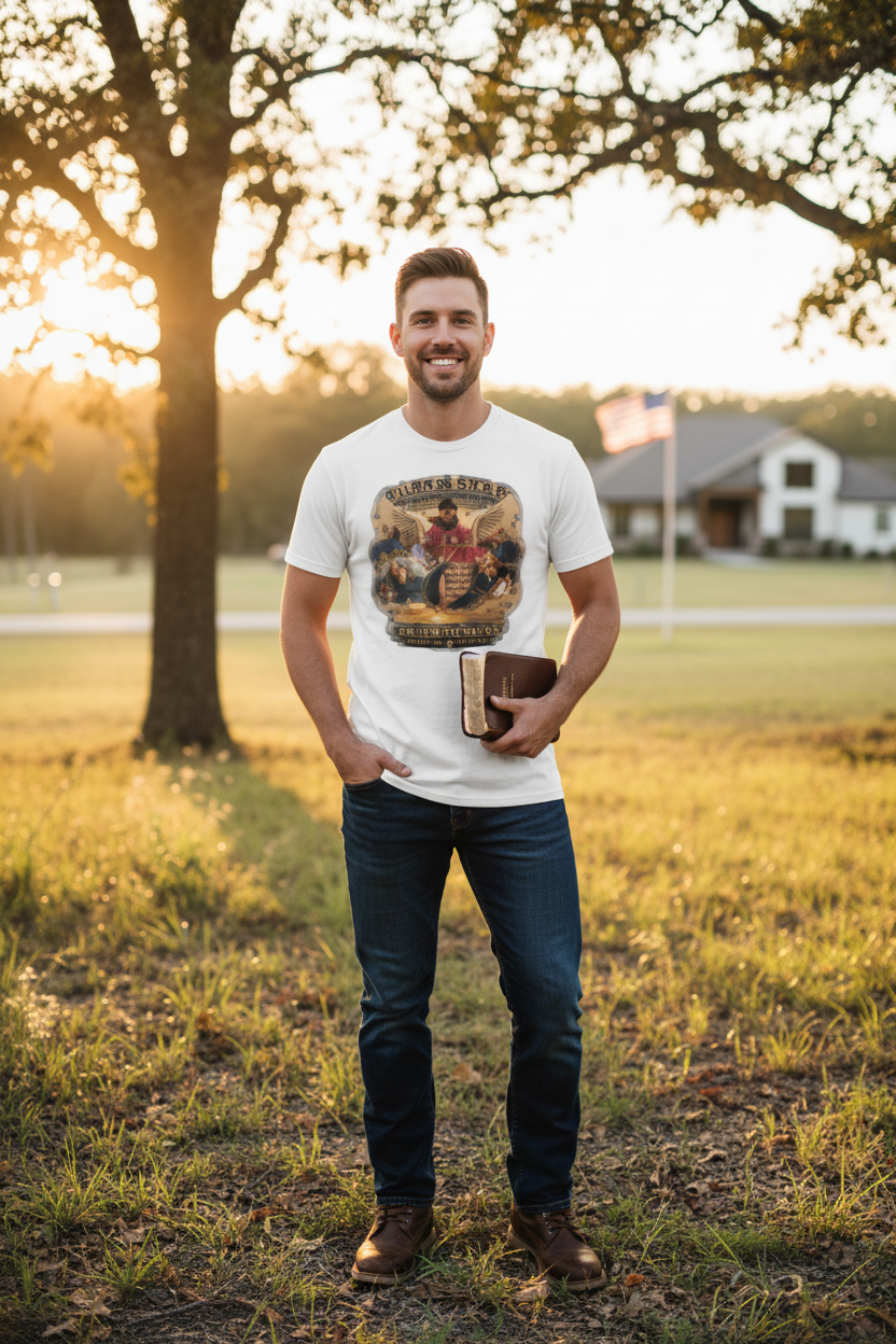 Man wearing eagle scripture tee outdoors