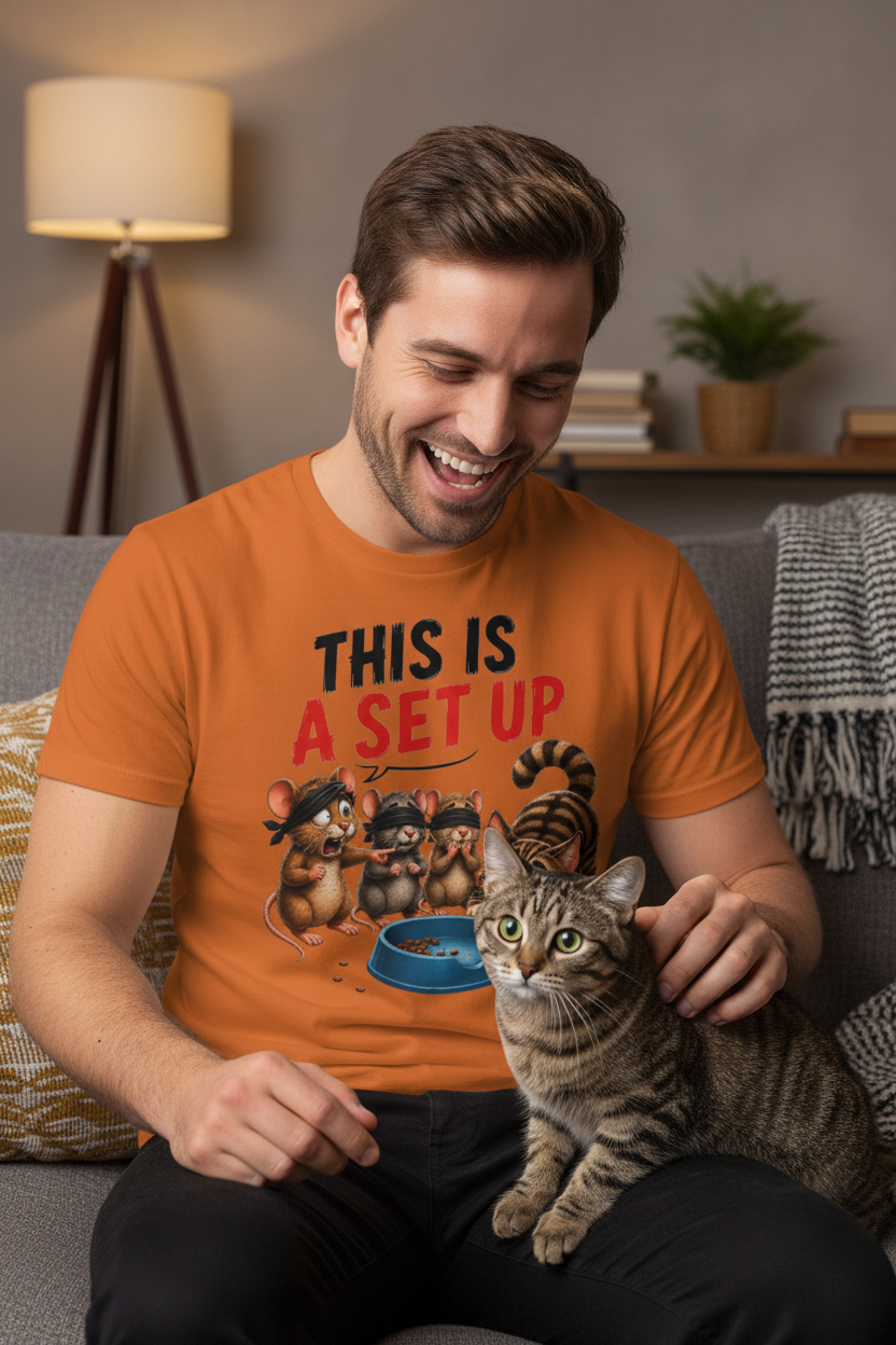 Man with tabby cat on couch