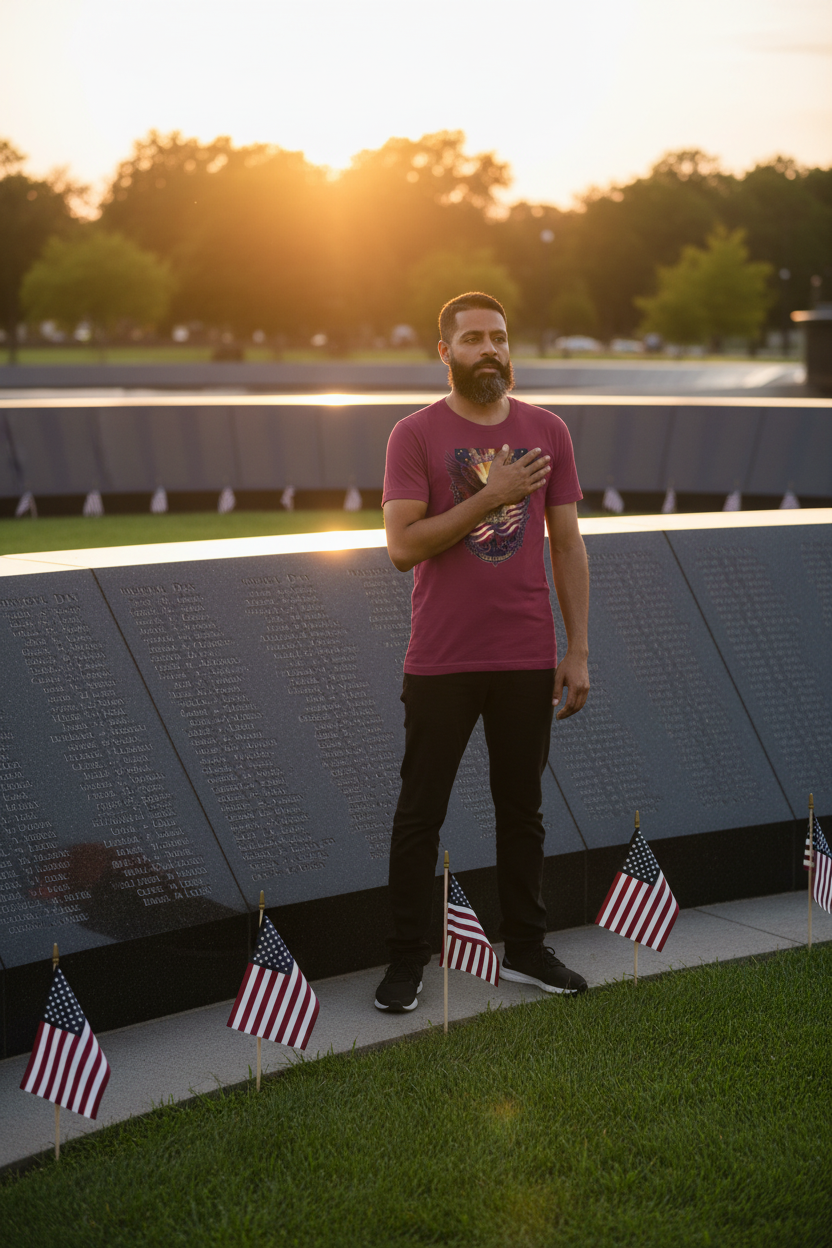 Memorial Day Eagle Shirt - Man Hand Over Heart at Memorial Wall