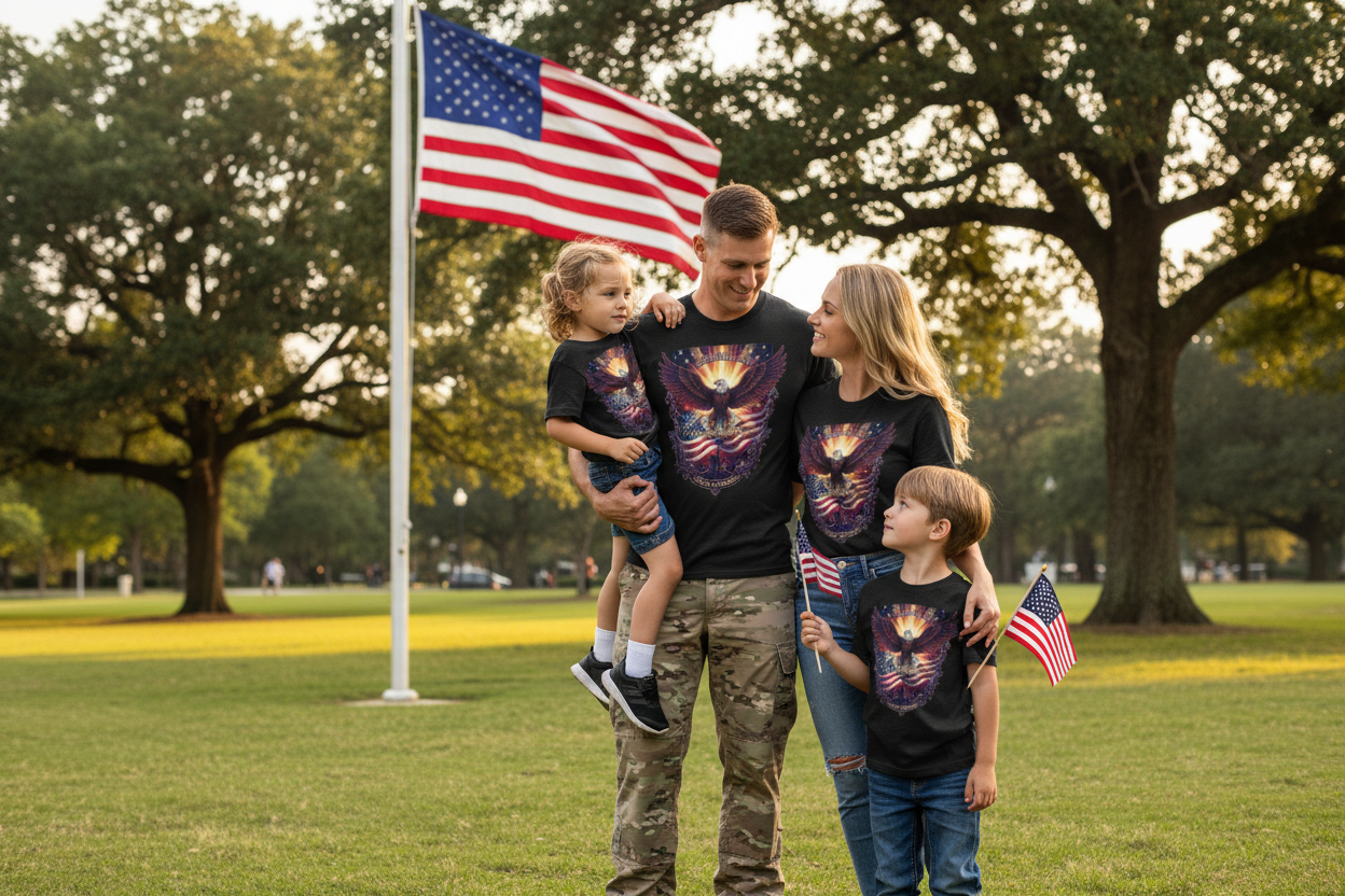 Memorial Day Eagle Shirt - Military Family at Flagpole