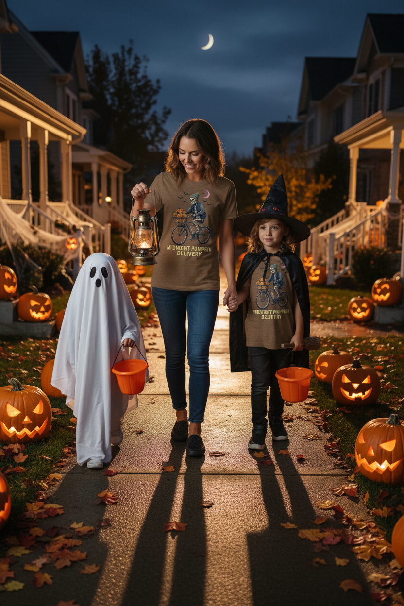 Midnight Pumpkin Delivery - Mom and Kids Trick or Treating