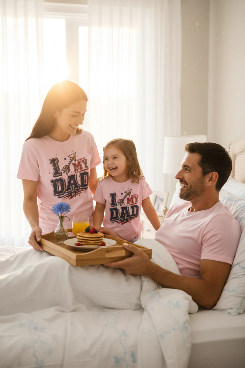 Mom and daughter surprising dad with breakfast wearing matching I My Dad tees