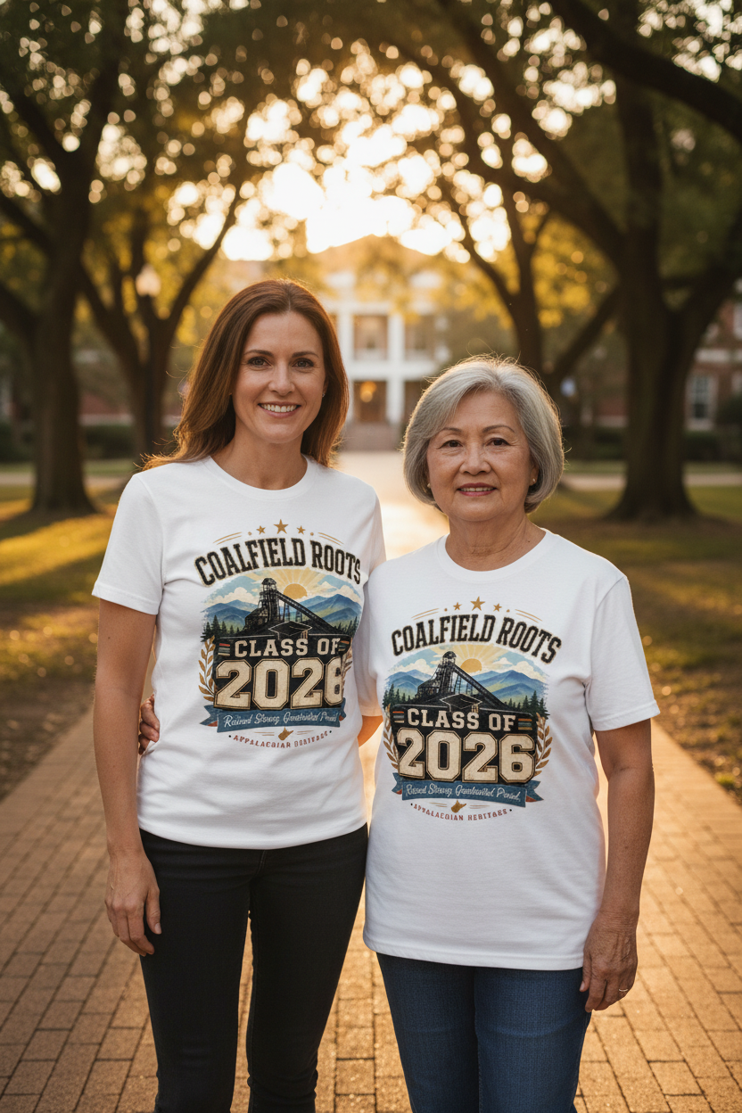Mom and grandmother in matching white Coalfield Roots tees