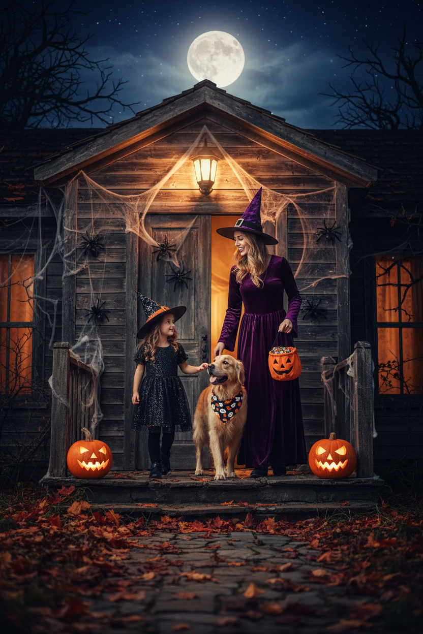 Mom & Daughter Coming Out of Haunted House with Dog