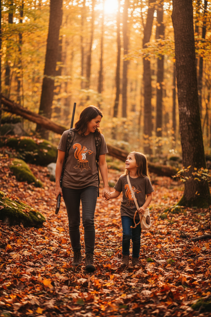 Mom & Daughter Squirrel Hunting – Squirrel Fiddle Tee Lifestyle