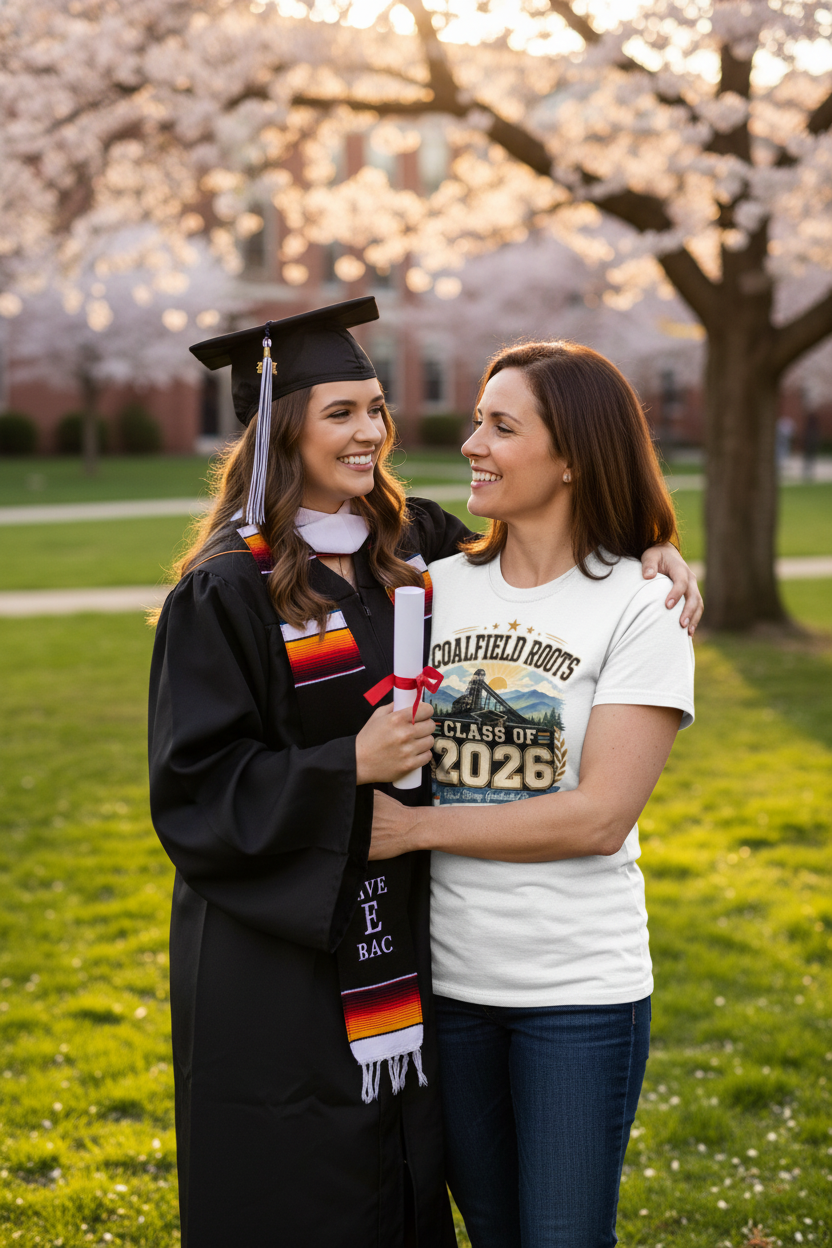 Mom hugging graduate on campus