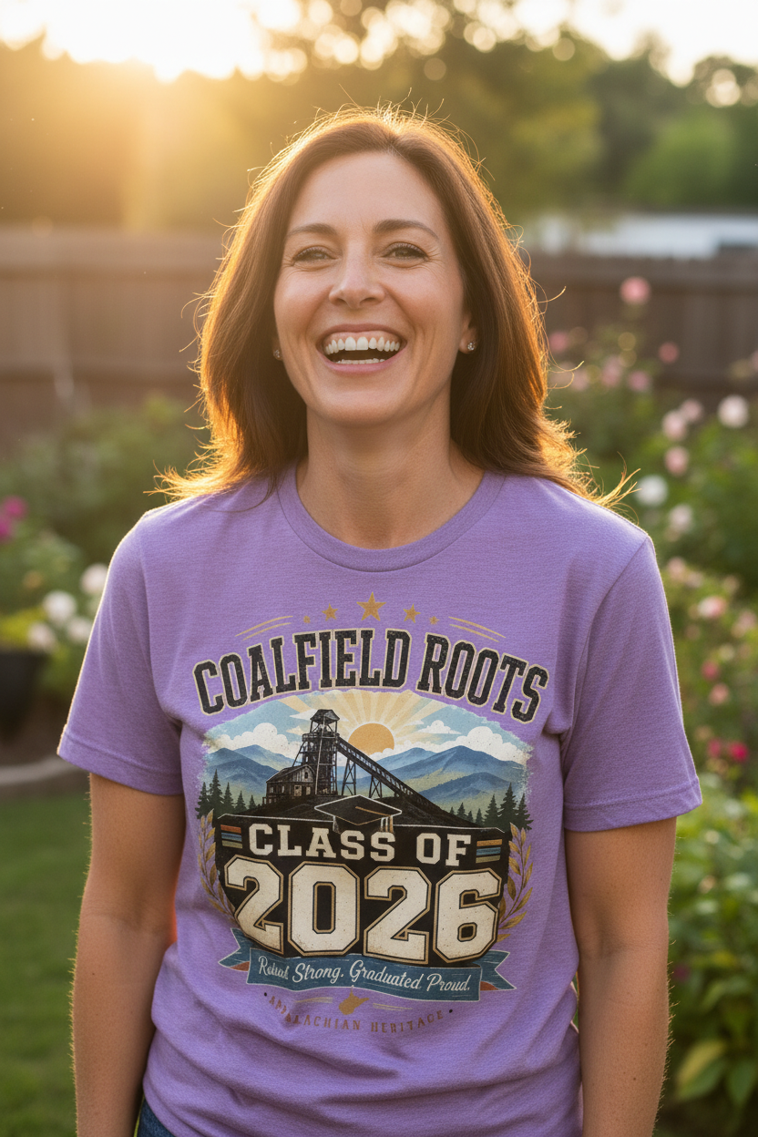 Mom in purple Coalfield Roots tee in garden
