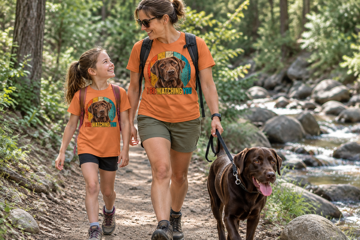 Mother and daughter hiking by the creek with their Labrador, orange tee