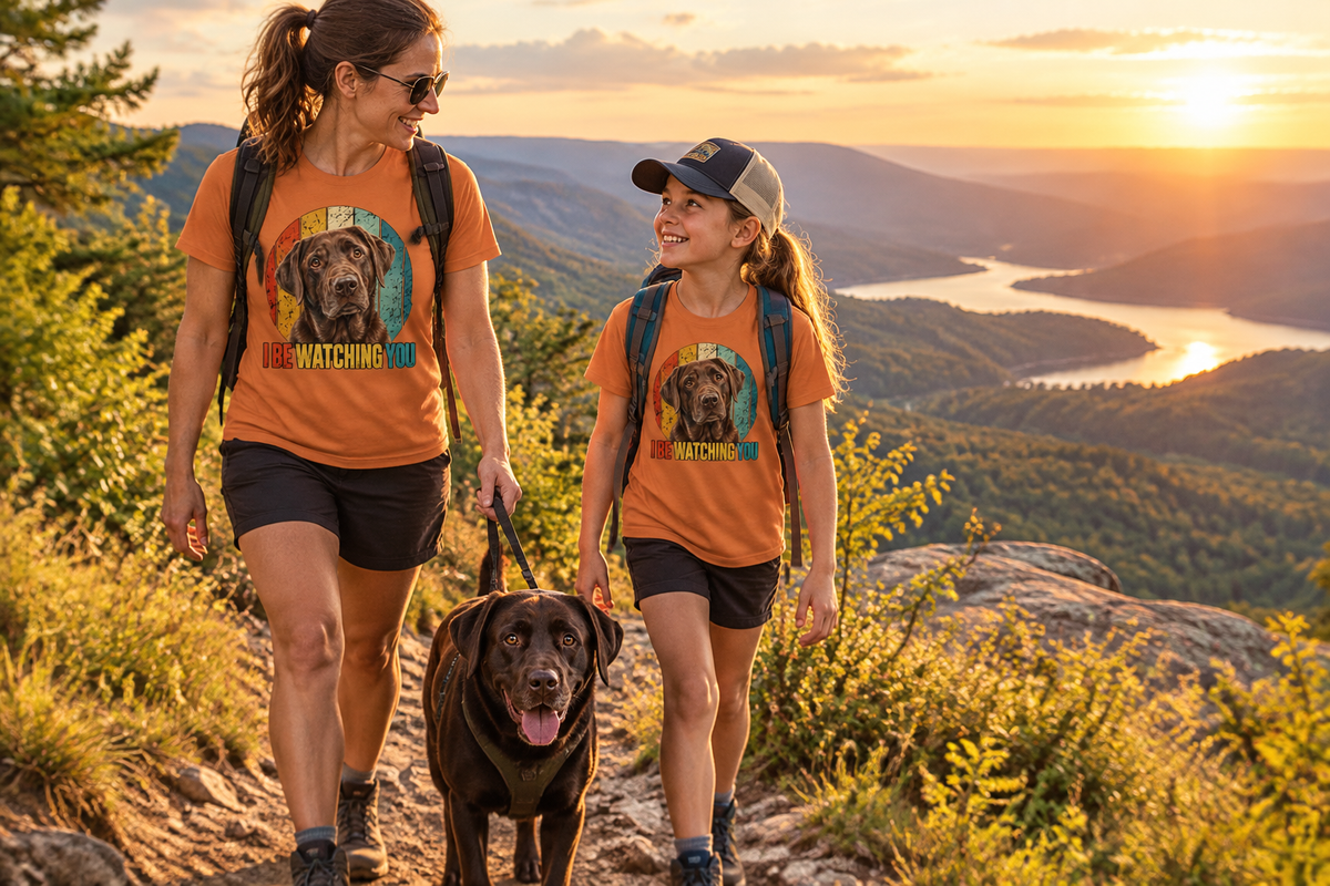 Mother and daughter hiking toward a scenic overlook with their Labrador