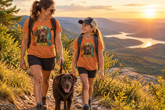 Mother and daughter hiking toward a scenic overlook with their Labrador