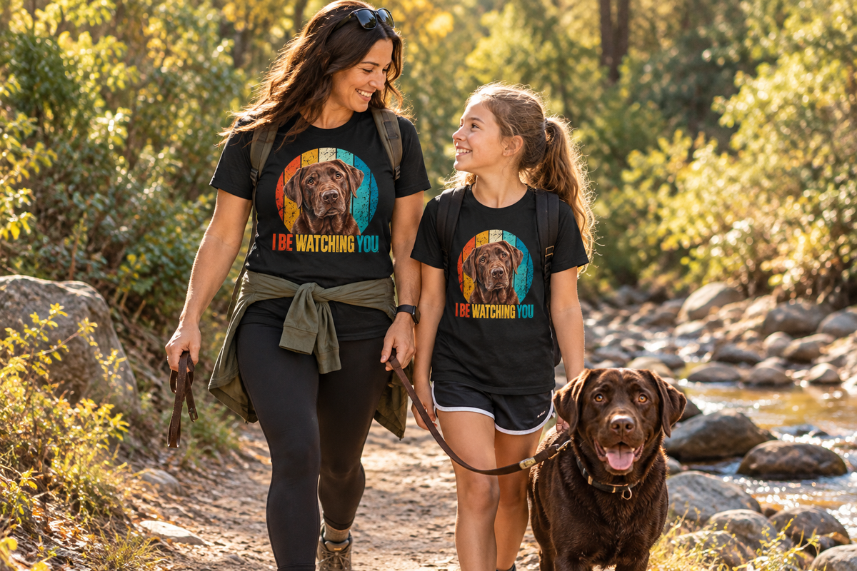 Mother and daughter on the hiking trail with their Labrador, black tee