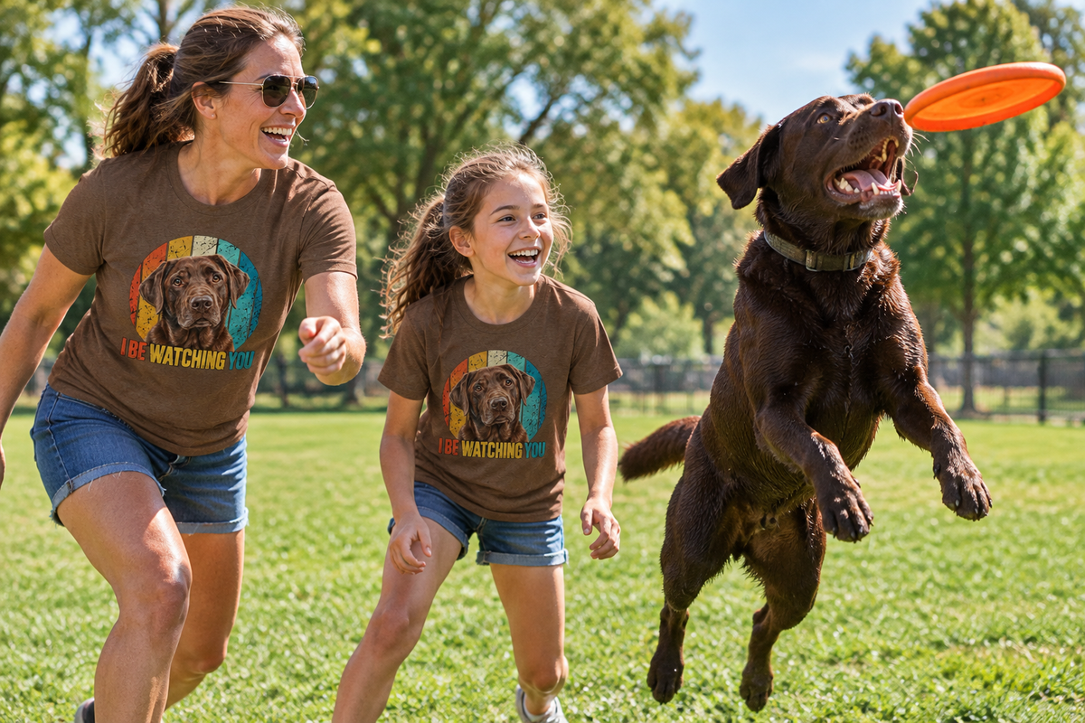 Mother and daughter playing frisbee at the dog park, heather brown tee