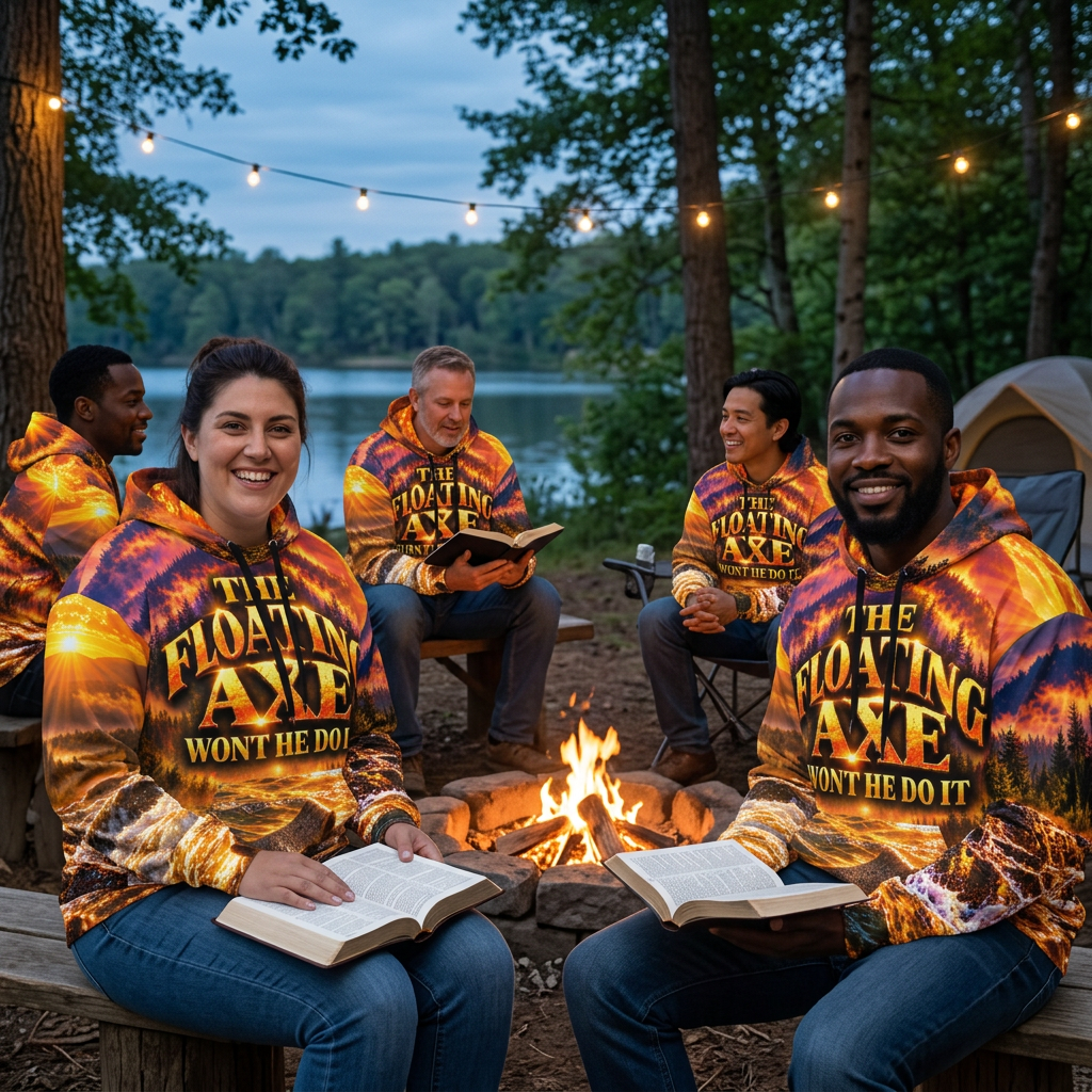 Multicultural group studying the Bible around a bonfire wearing Floating Axe hoodies