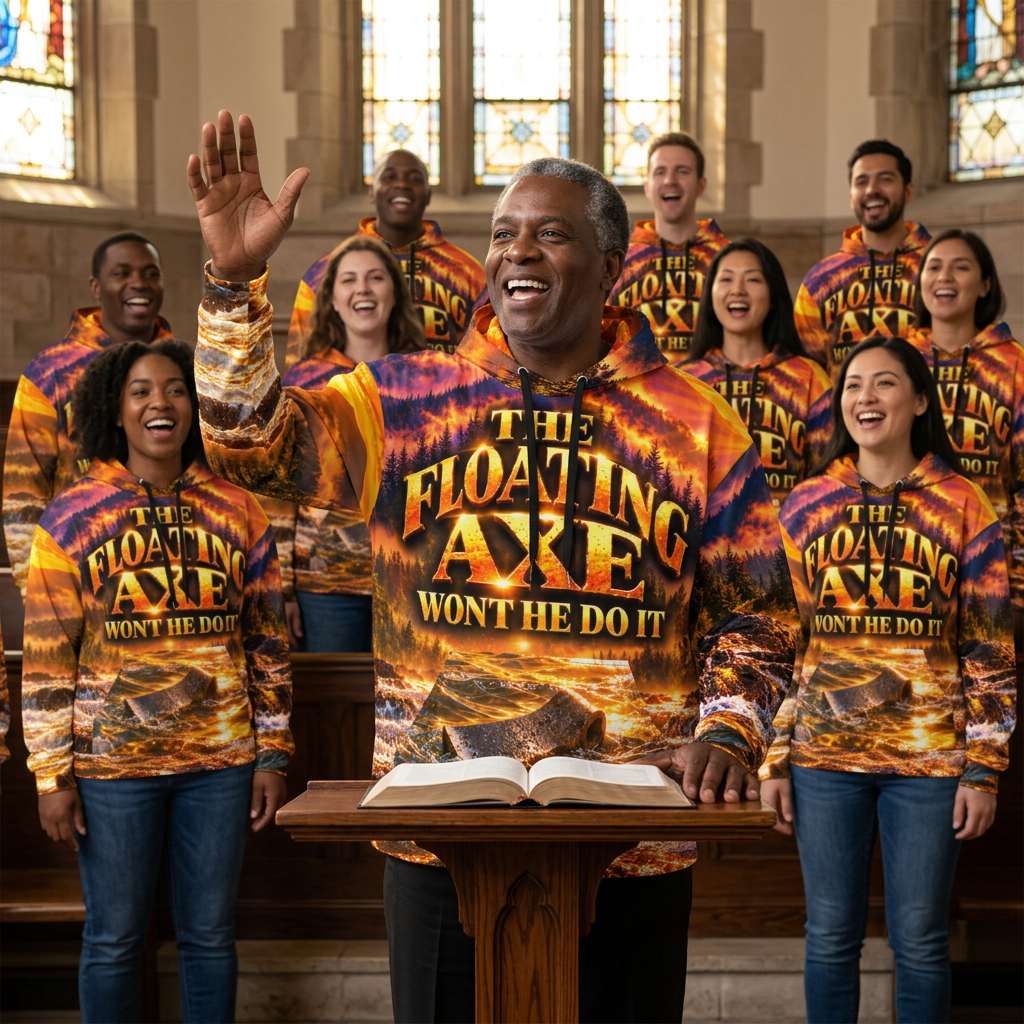 Pastor preaching with a multicultural choir wearing the Floating Axe hoodie