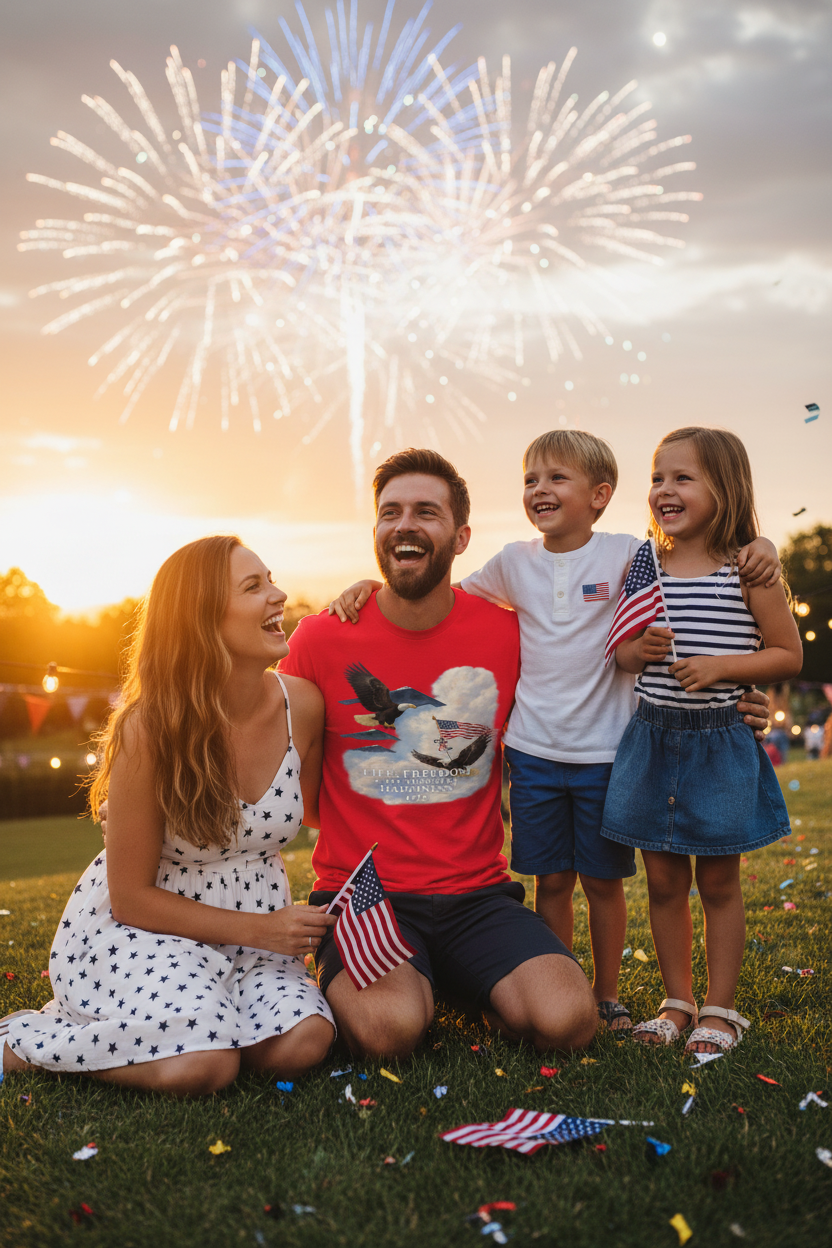Patriotic family at fireworks celebration
