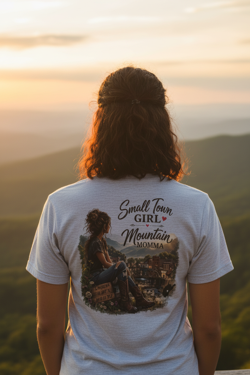 Small Town Girl Mountain Momma – Athletic Heather Close-Up Lifestyle Mockup