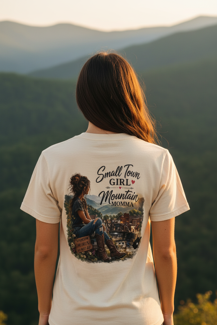Small Town Girl Mountain Momma – Natural Tee Close-Up Lifestyle Mockup