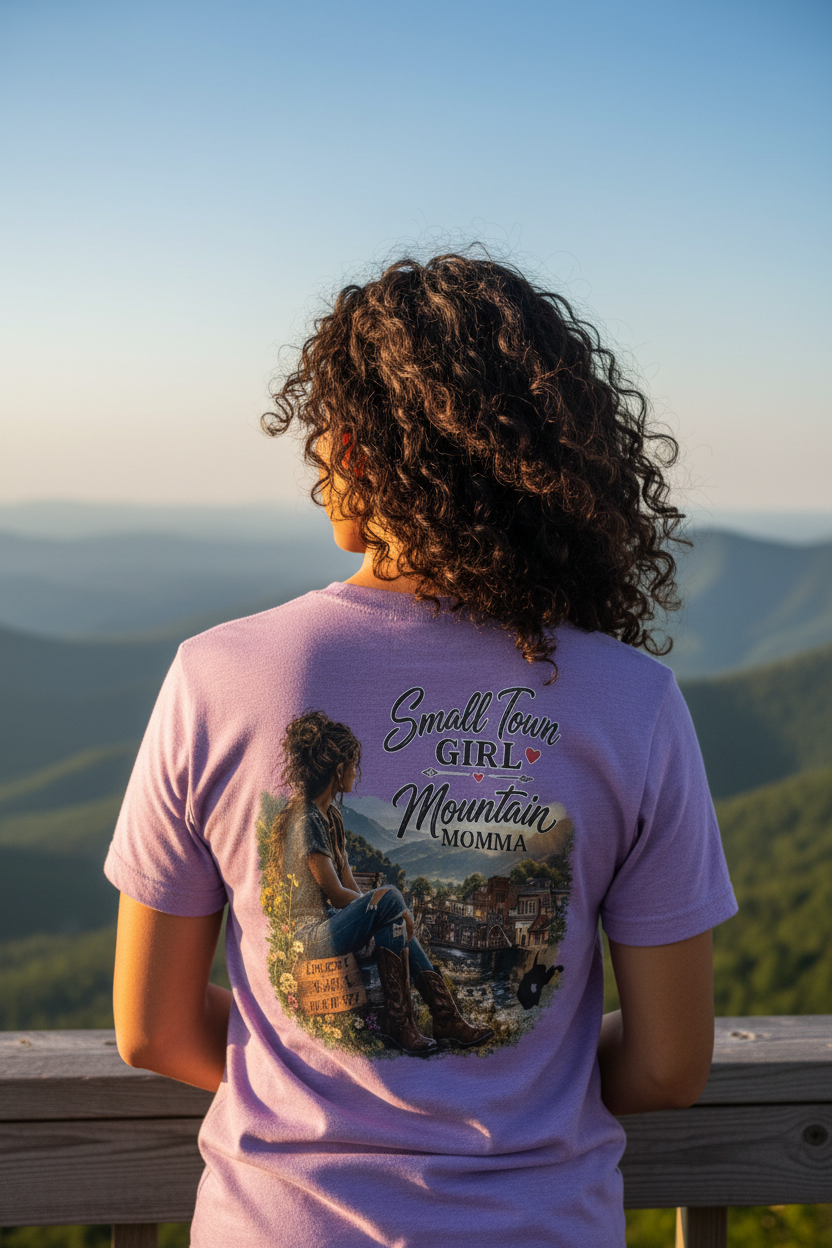 Small Town Girl Mountain Momma – Purple Tee Close-Up Lifestyle Mockup