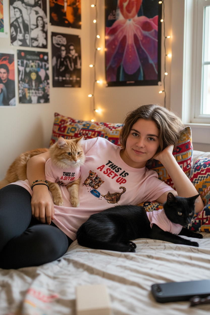Teen girl and cats bedroom lifestyle mockup