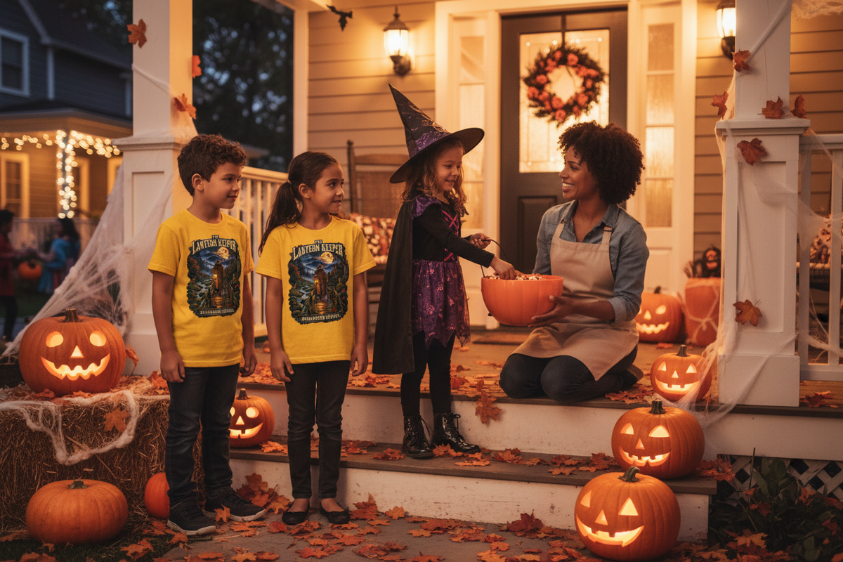 The Lantern Keeper – Kids Receiving Candy Halloween Lifestyle Mockup