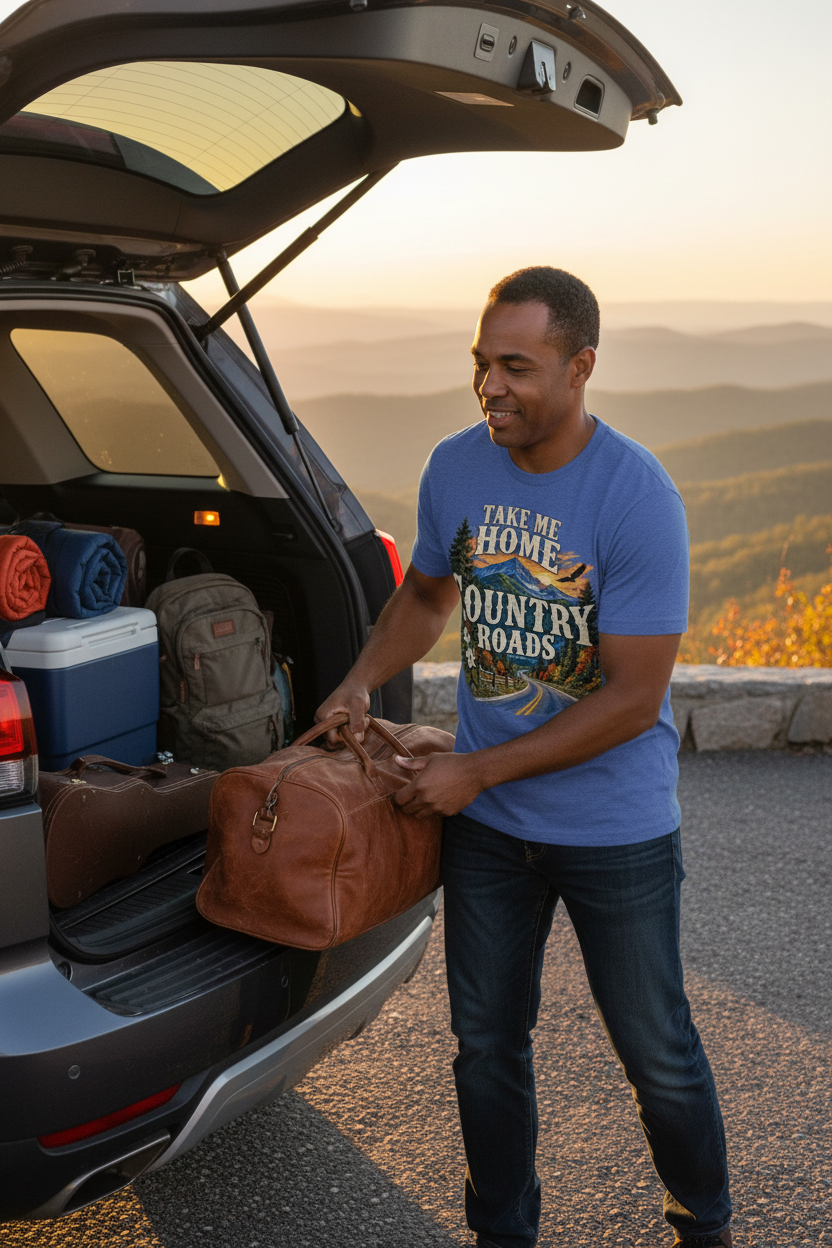 Traveler wearing the Take Me Home Country Roads shirt while loading an SUV