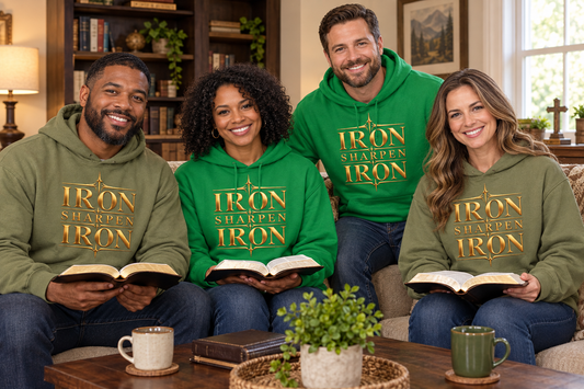 Two couples studying the Bible at home in green Iron Sharpens Iron hoodies with chest artwork clearly visible