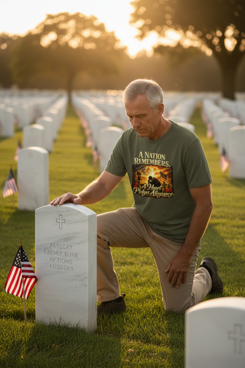 Veteran at military cemetery in patriotic tee