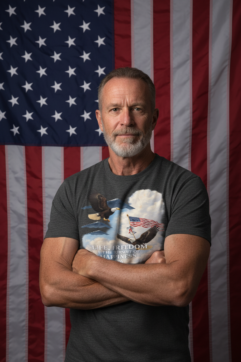 Veteran in dark heather tee with flag