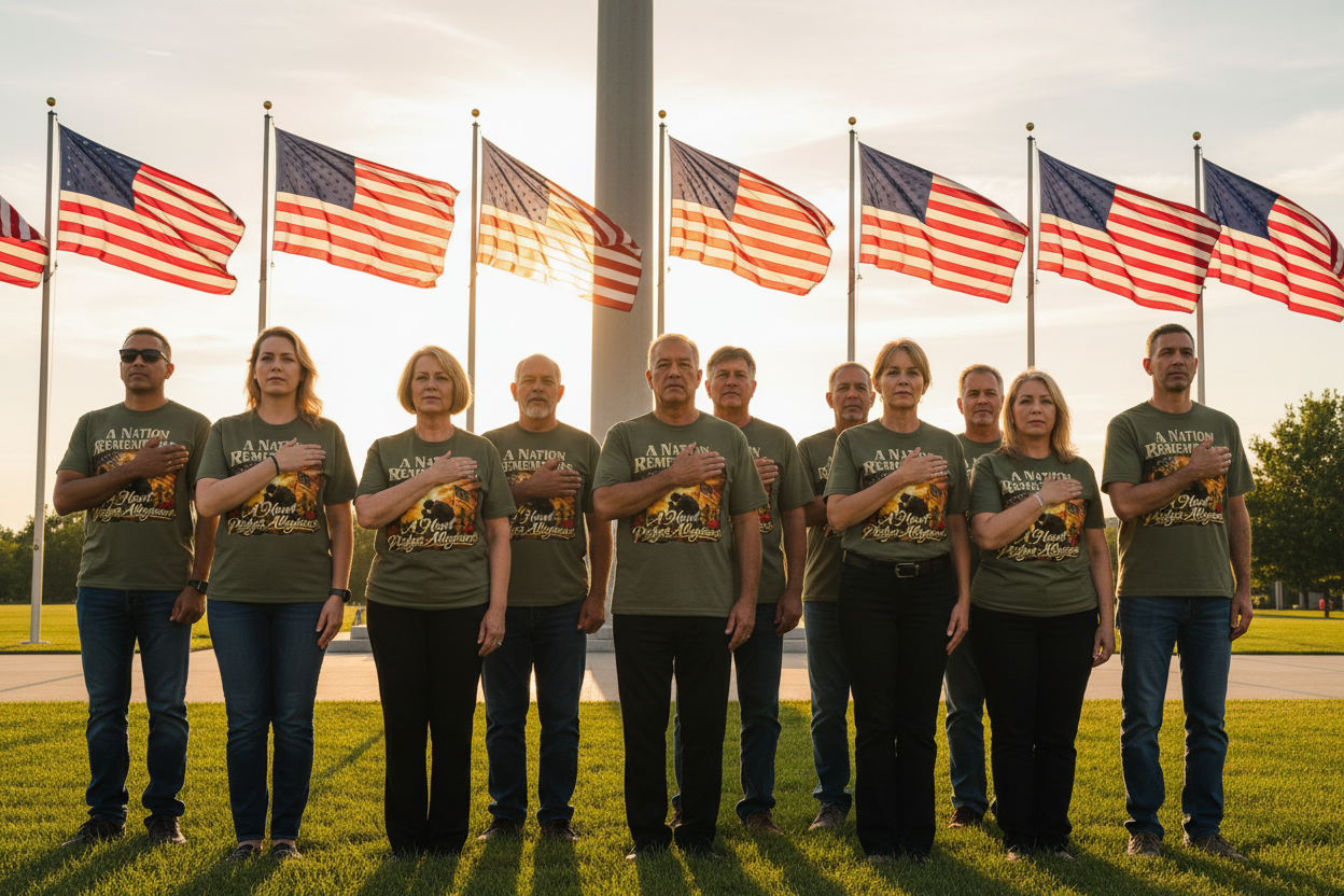 Veterans at Memorial Day ceremony in patriotic tees