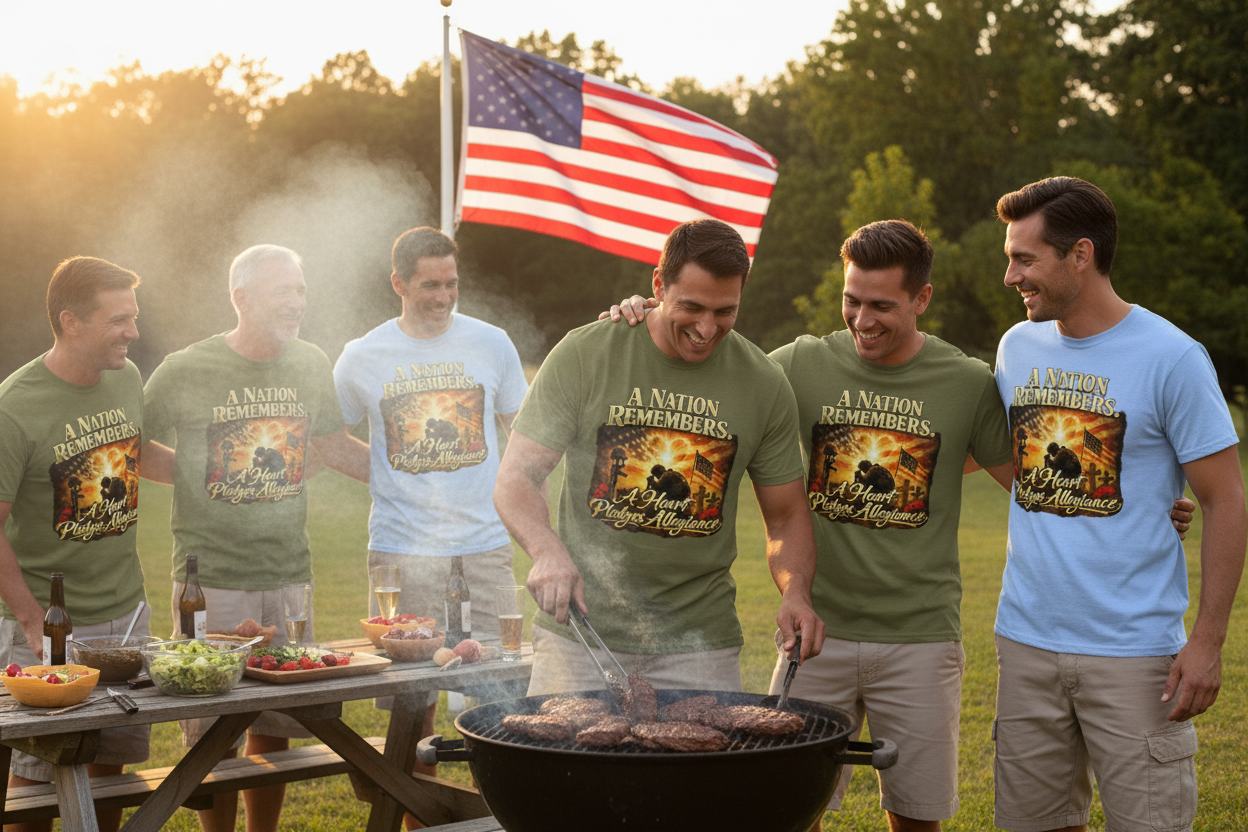 Veterans grilling at BBQ in patriotic tees